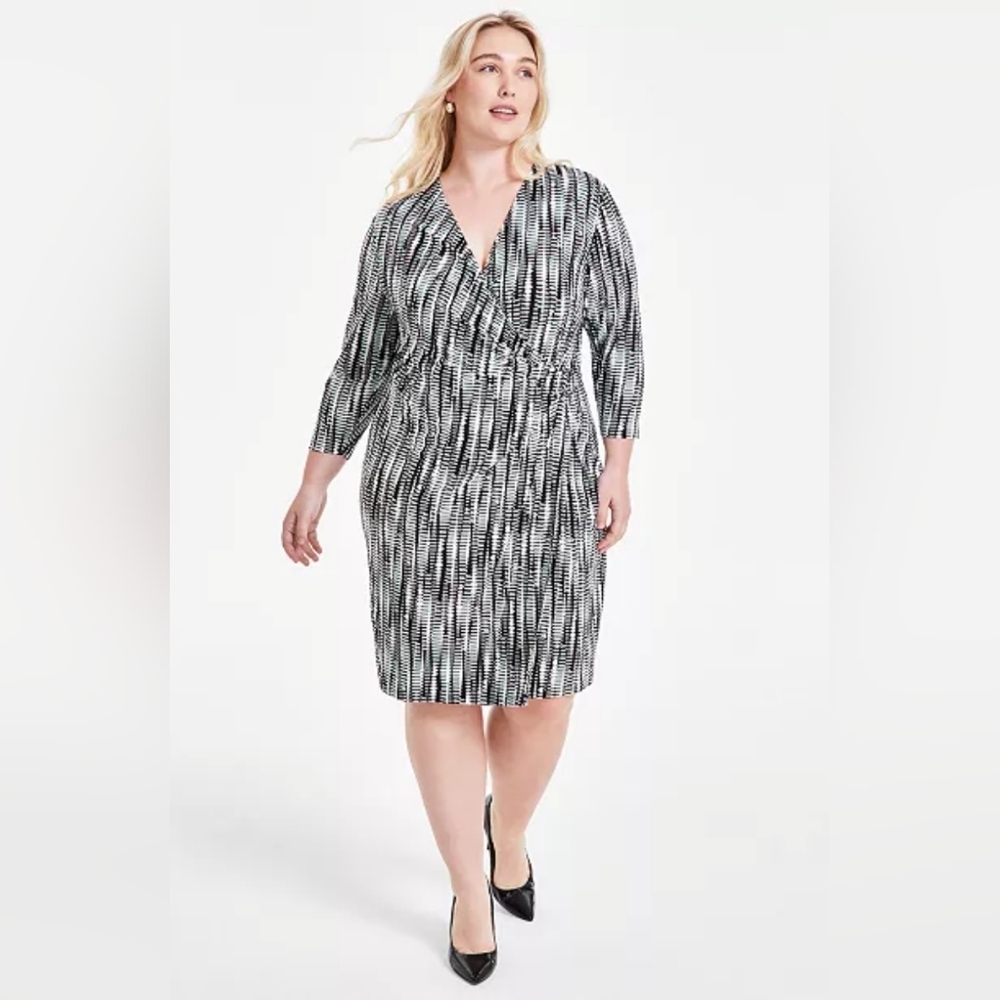 Nwt Kasper Plus 3/4 Sleeve Faux Wrap Dress Size 3X - Picture 2 of 7
